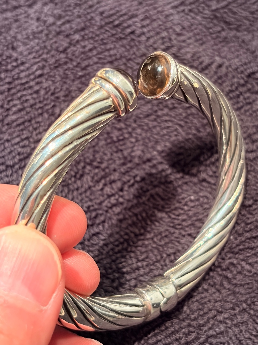 925 Silver Cable Cuff Bracelet with Smoky Quartz. - Picture 6 of 11